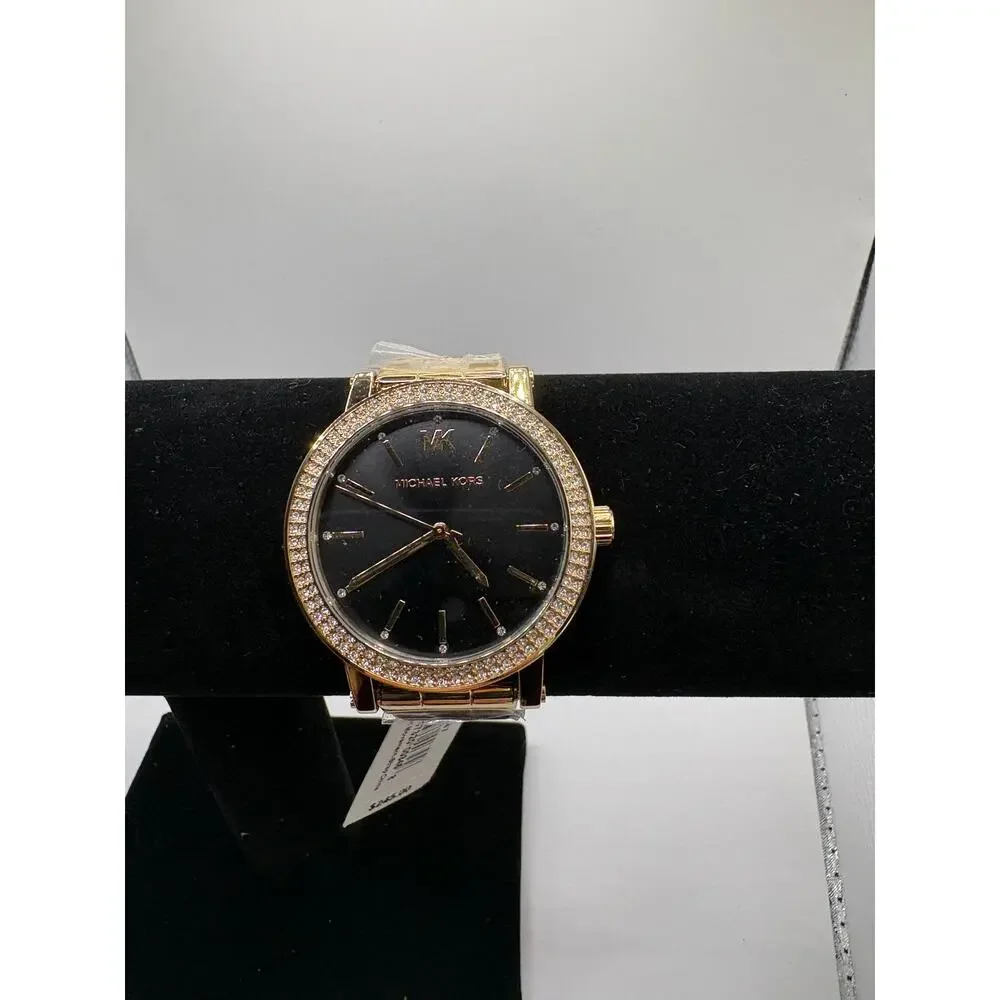 Michael Kors Mk7547 Watch Gold-Tone Black Pave Crystal Bezel Nwt Gold